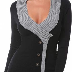 AmélieBoutik Women V Neck Faux Wrap Color Trim Sweater Tunic Top